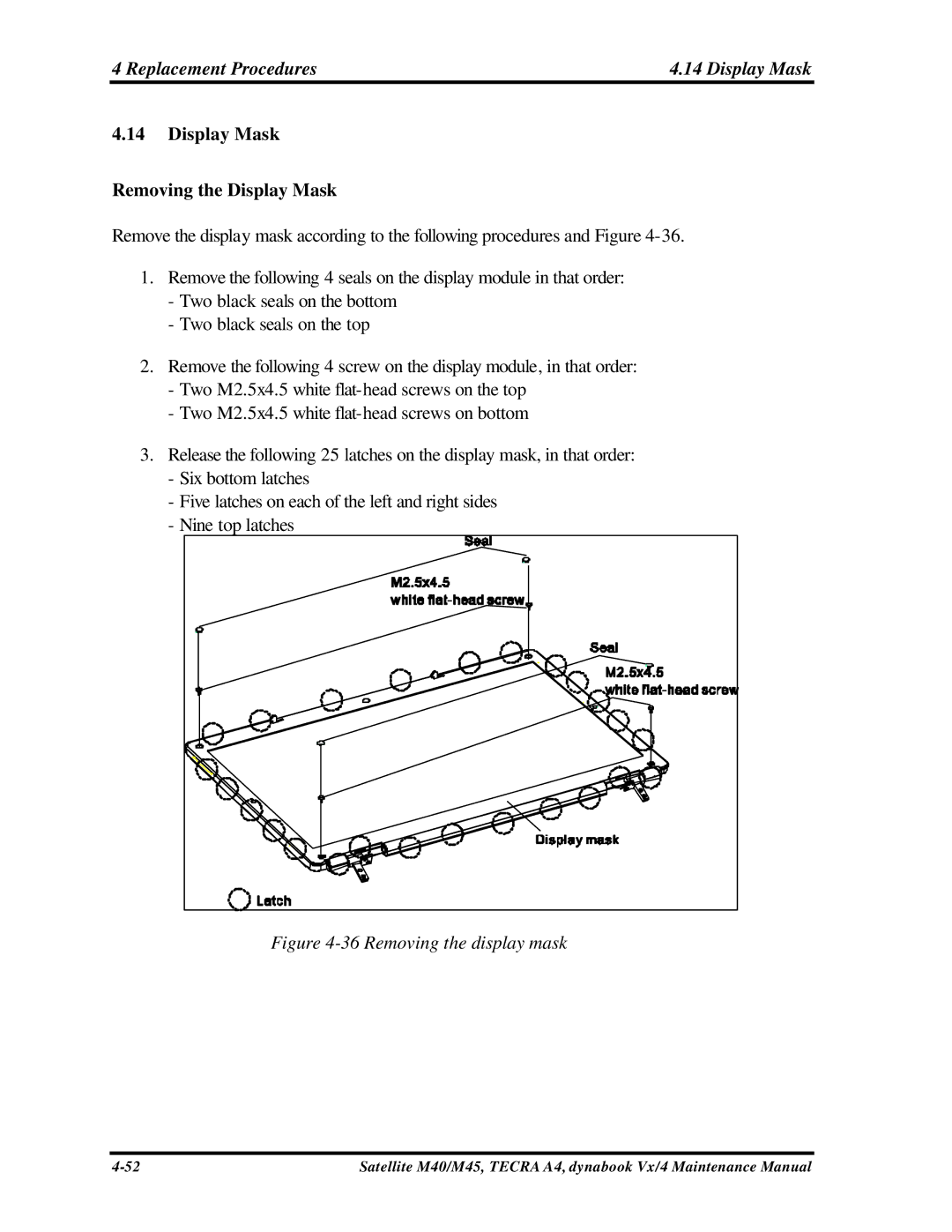 Toshiba Satellite, M40 manual Replacement Procedures Display Mask, Display Mask Removing the Display Mask 