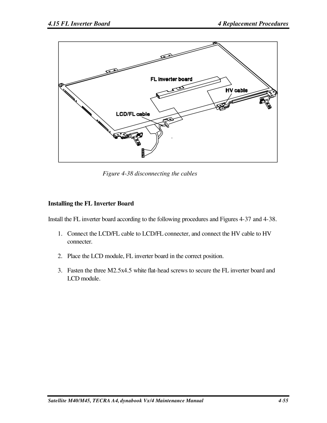 Toshiba M40, Satellite manual FL Inverter Board Replacement Procedures, Installing the FL Inverter Board 