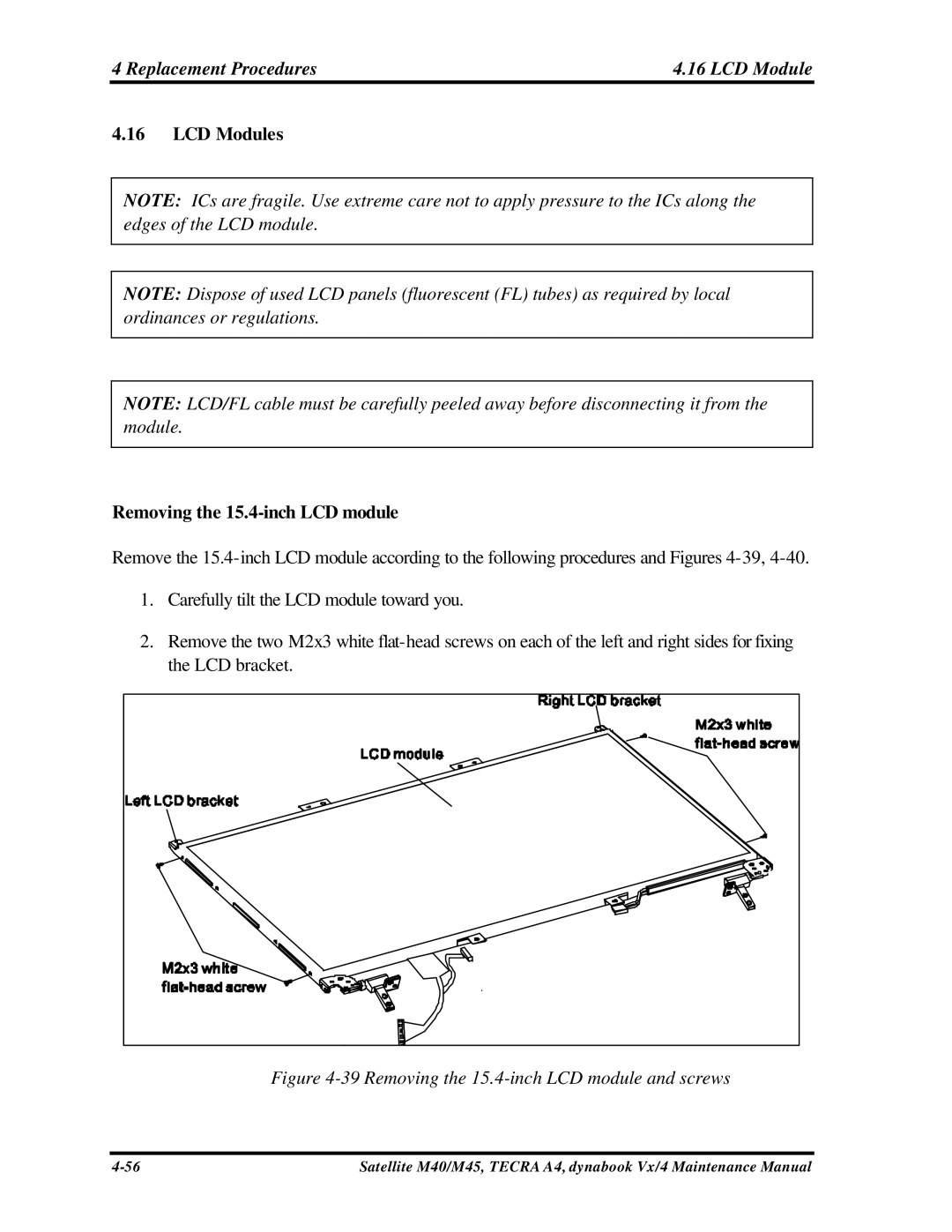 Toshiba Satellite, M40 manual Replacement Procedures LCD Module, LCD Modules Removing the 15.4-inch LCD module 