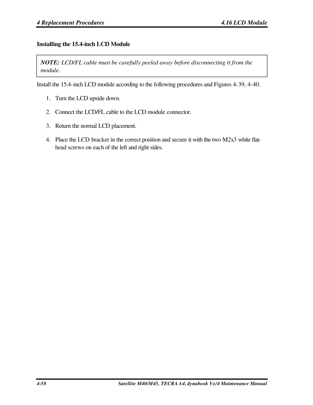 Toshiba Satellite, M40 manual Installing the 15.4-inch LCD Module 