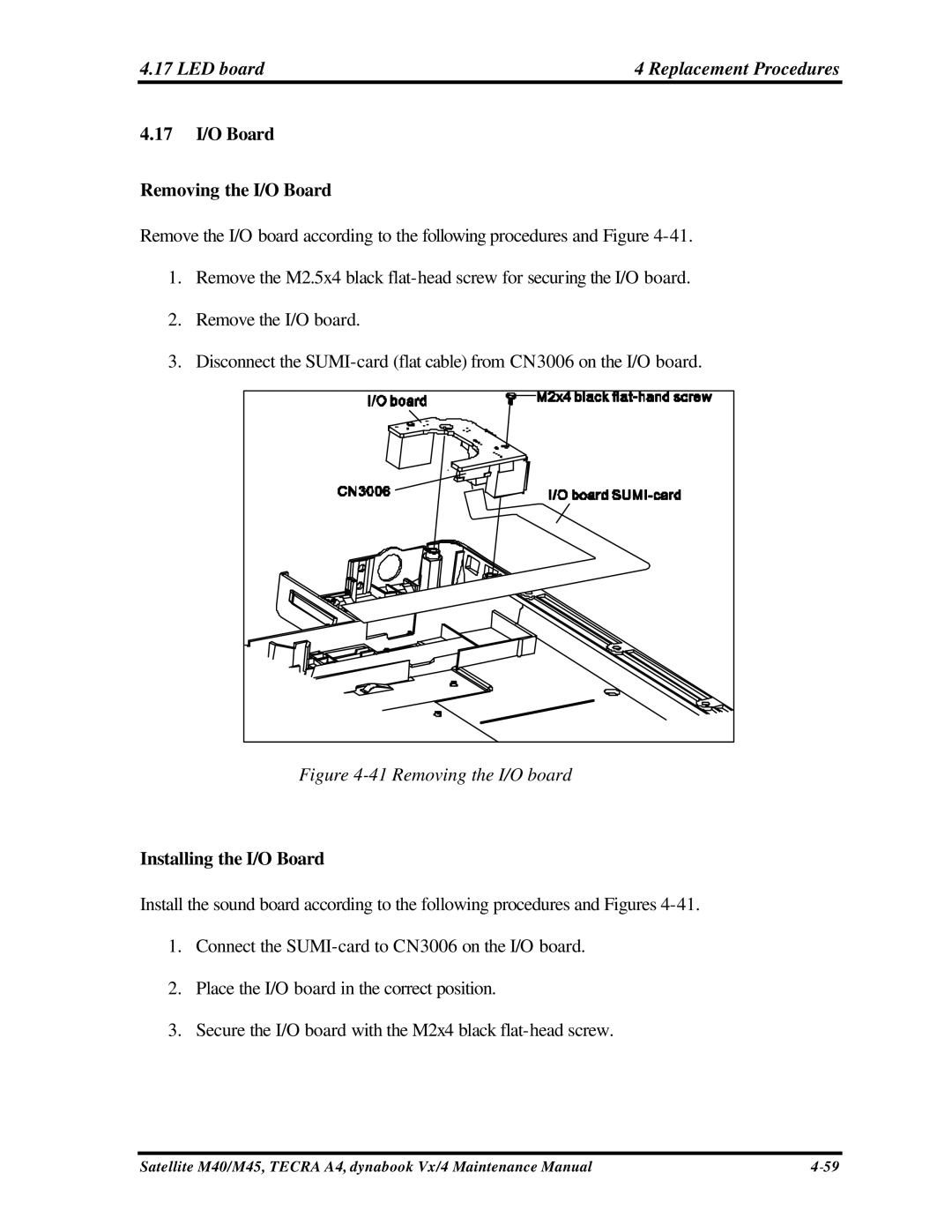 Toshiba M40, Satellite LED board Replacement Procedures, 17 I/O Board Removing the I/O Board, Installing the I/O Board 