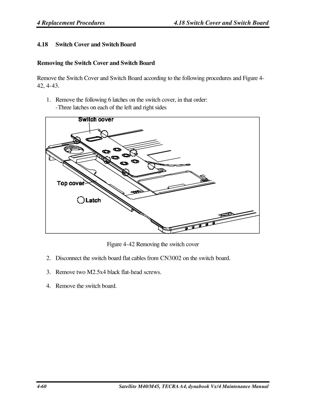 Toshiba Satellite, M40 manual Replacement Procedures Switch Cover and Switch Board 