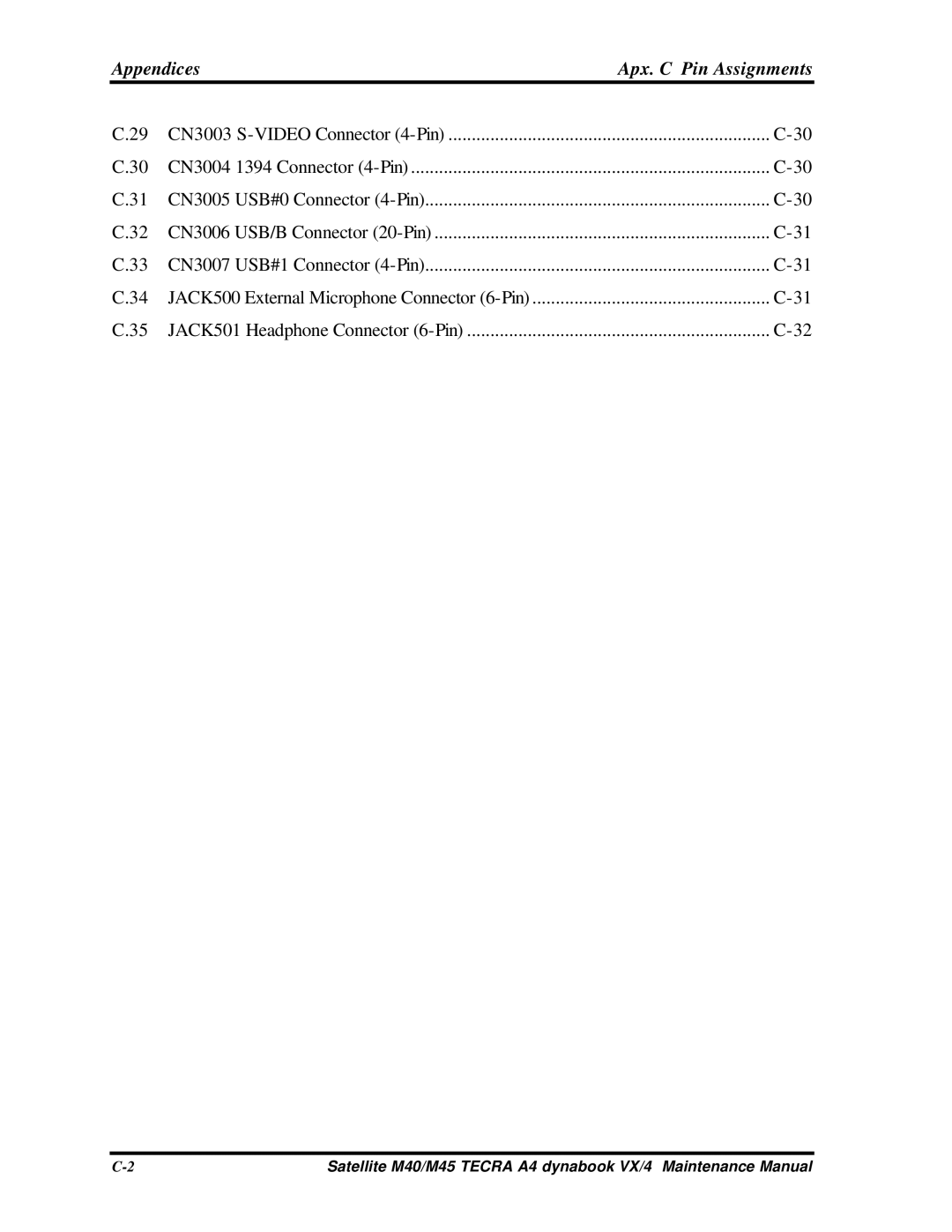 Toshiba M40, Satellite manual Appendices Apx. C Pin Assignments 