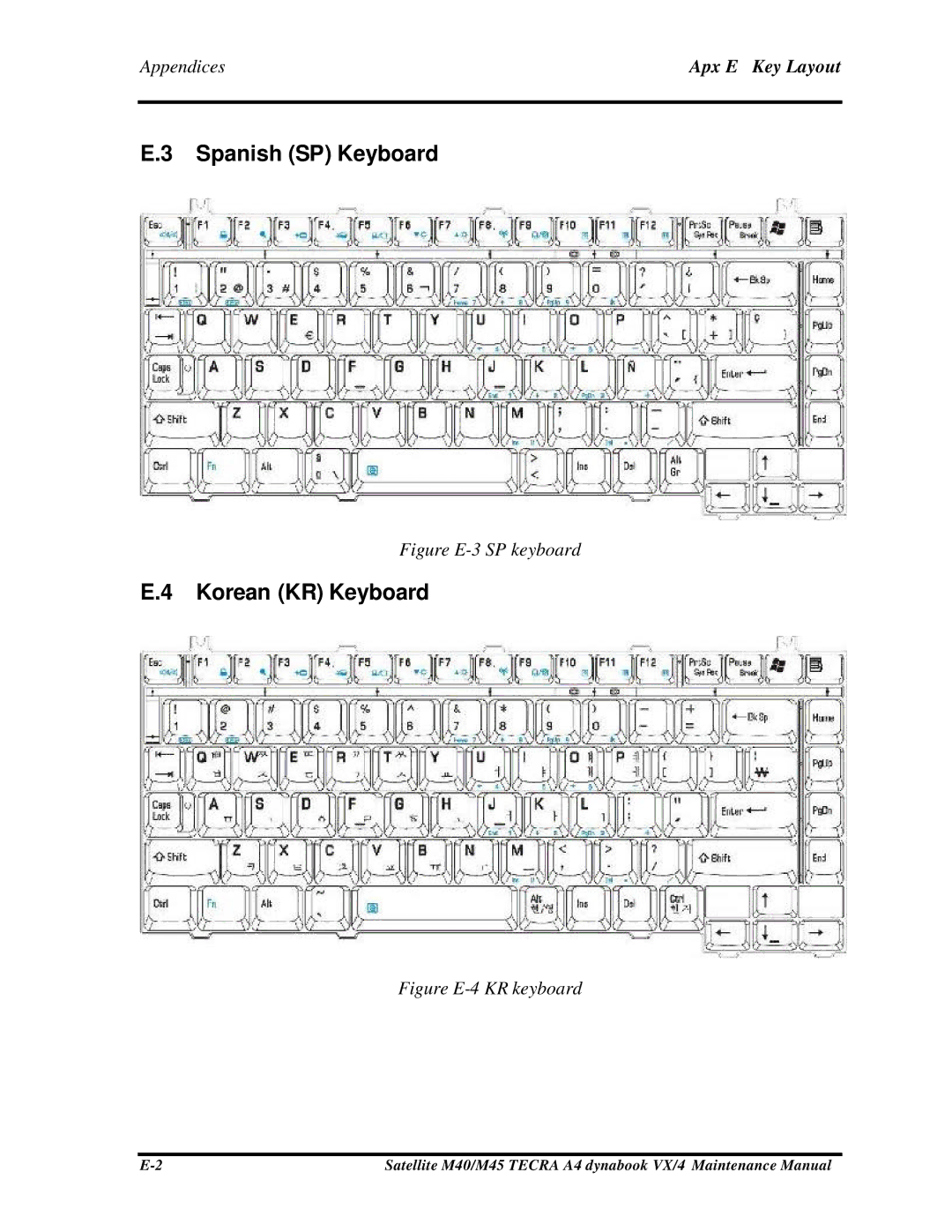 Toshiba M40, Satellite manual Spanish SP Keyboard, Korean KR Keyboard, Apx E Key Layout 