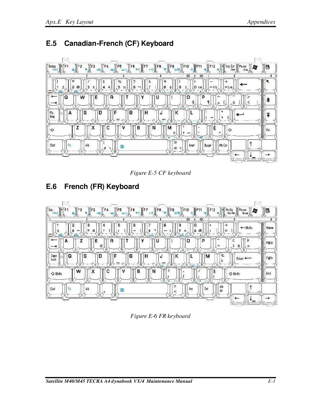 Toshiba Satellite, M40 manual Canadian-French CF Keyboard, French FR Keyboard 