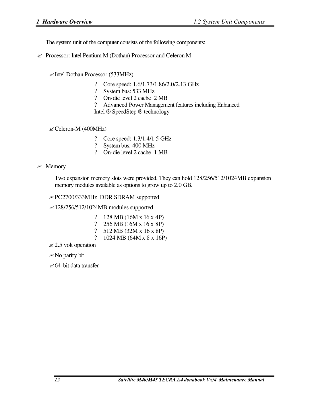 Toshiba Satellite, M40 manual Hardware Overview System Unit Components 