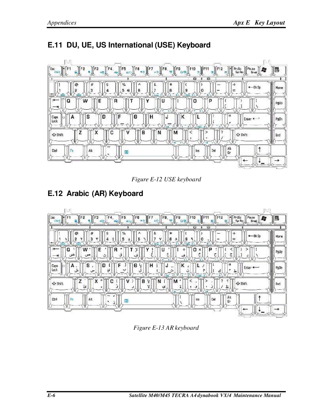 Toshiba M40, Satellite manual 11 DU, UE, US International USE Keyboard, Arabic AR Keyboard 