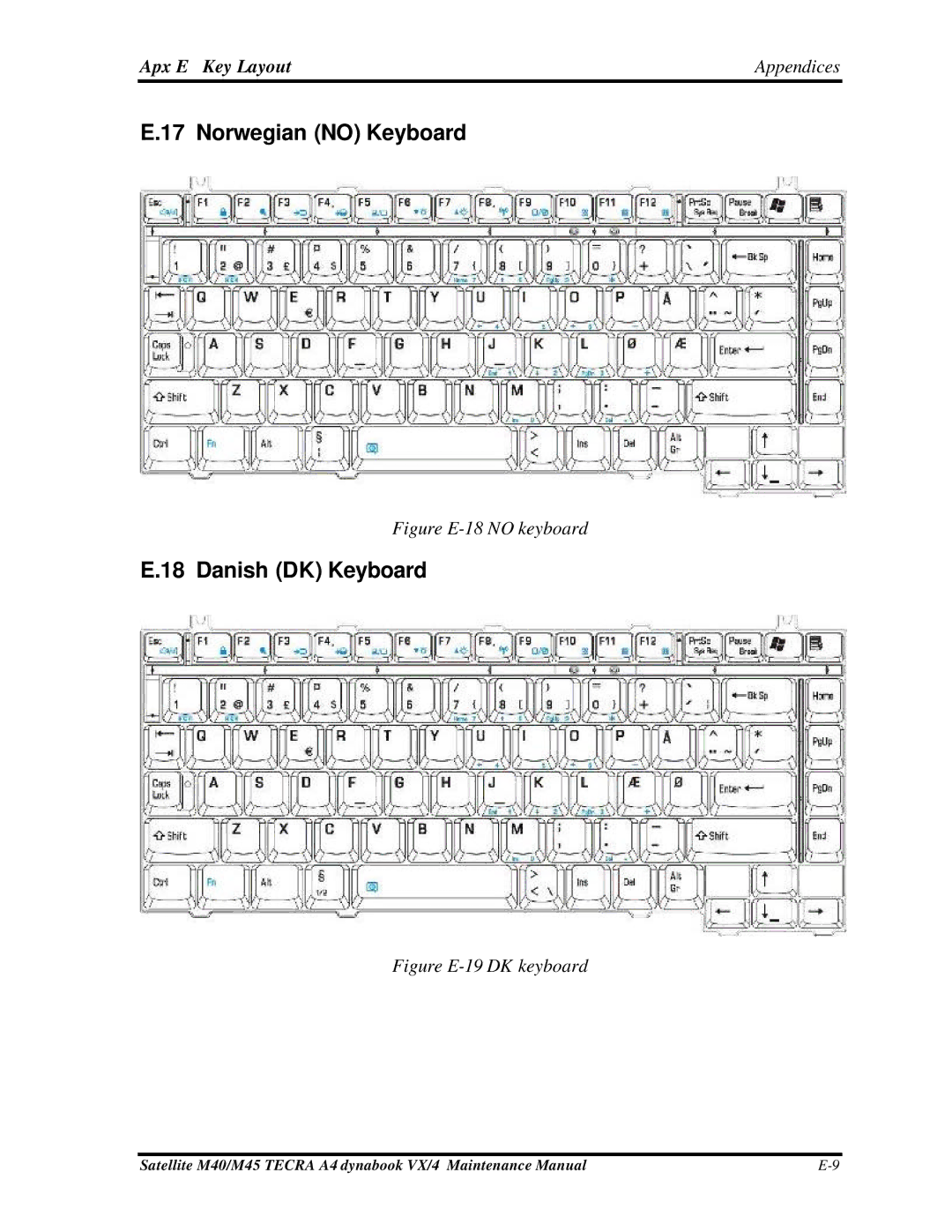 Toshiba Satellite, M40 manual Norwegian no Keyboard, Danish DK Keyboard 