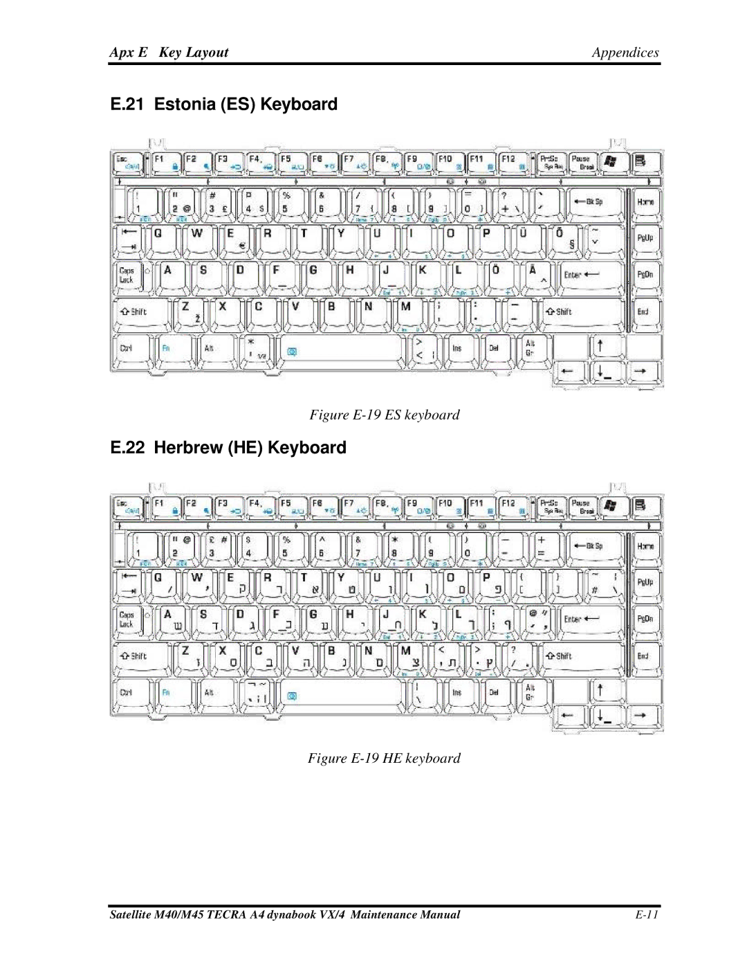 Toshiba Satellite, M40 manual Estonia ES Keyboard, Herbrew HE Keyboard 