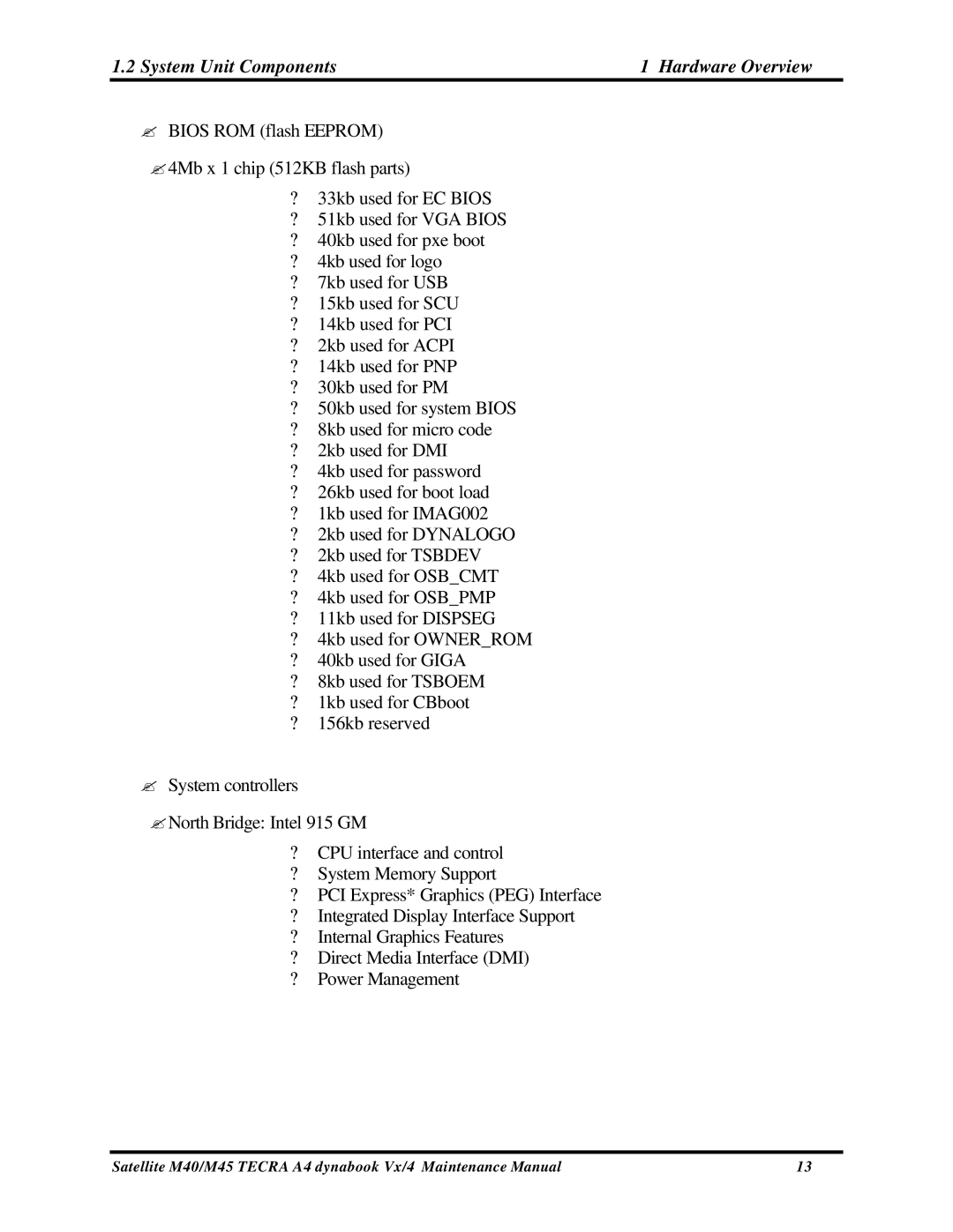 Toshiba M40, Satellite manual System Unit Components Hardware Overview 