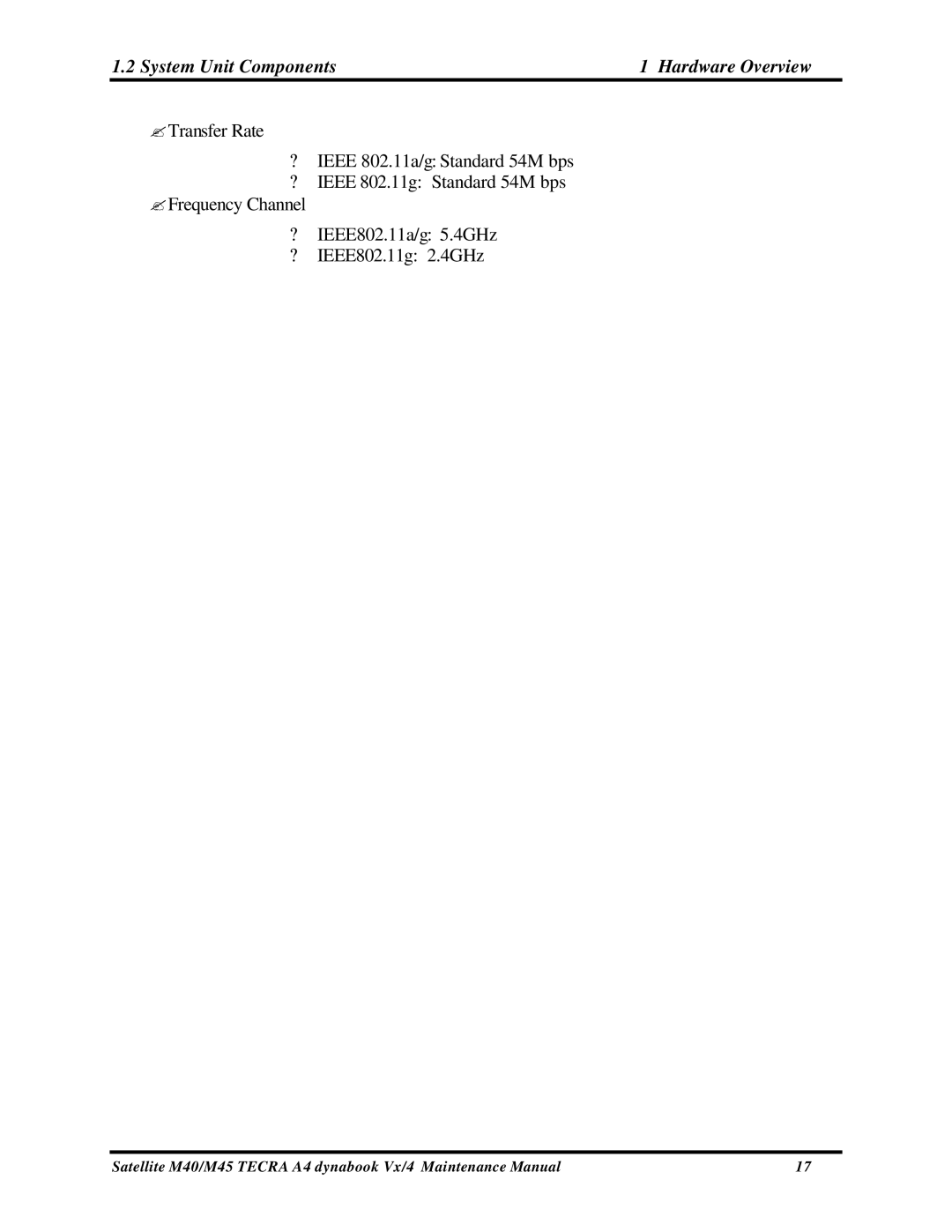 Toshiba M40, Satellite manual System Unit Components Hardware Overview 