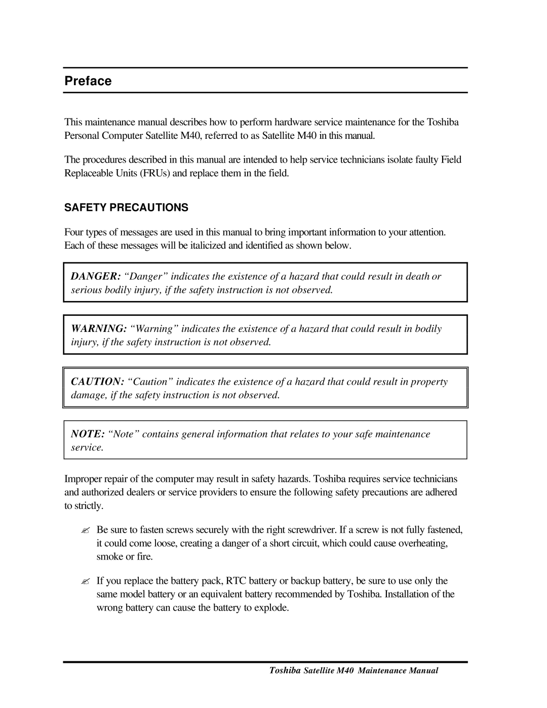 Toshiba M40, Satellite manual Preface, Safety Precautions 