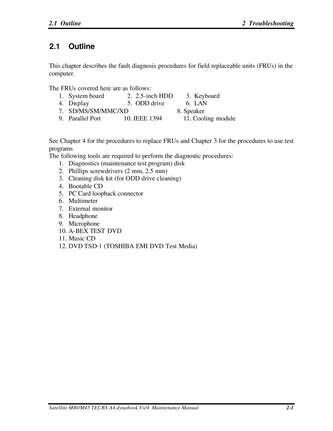 Toshiba M40, Satellite manual Outline Troubleshooting 