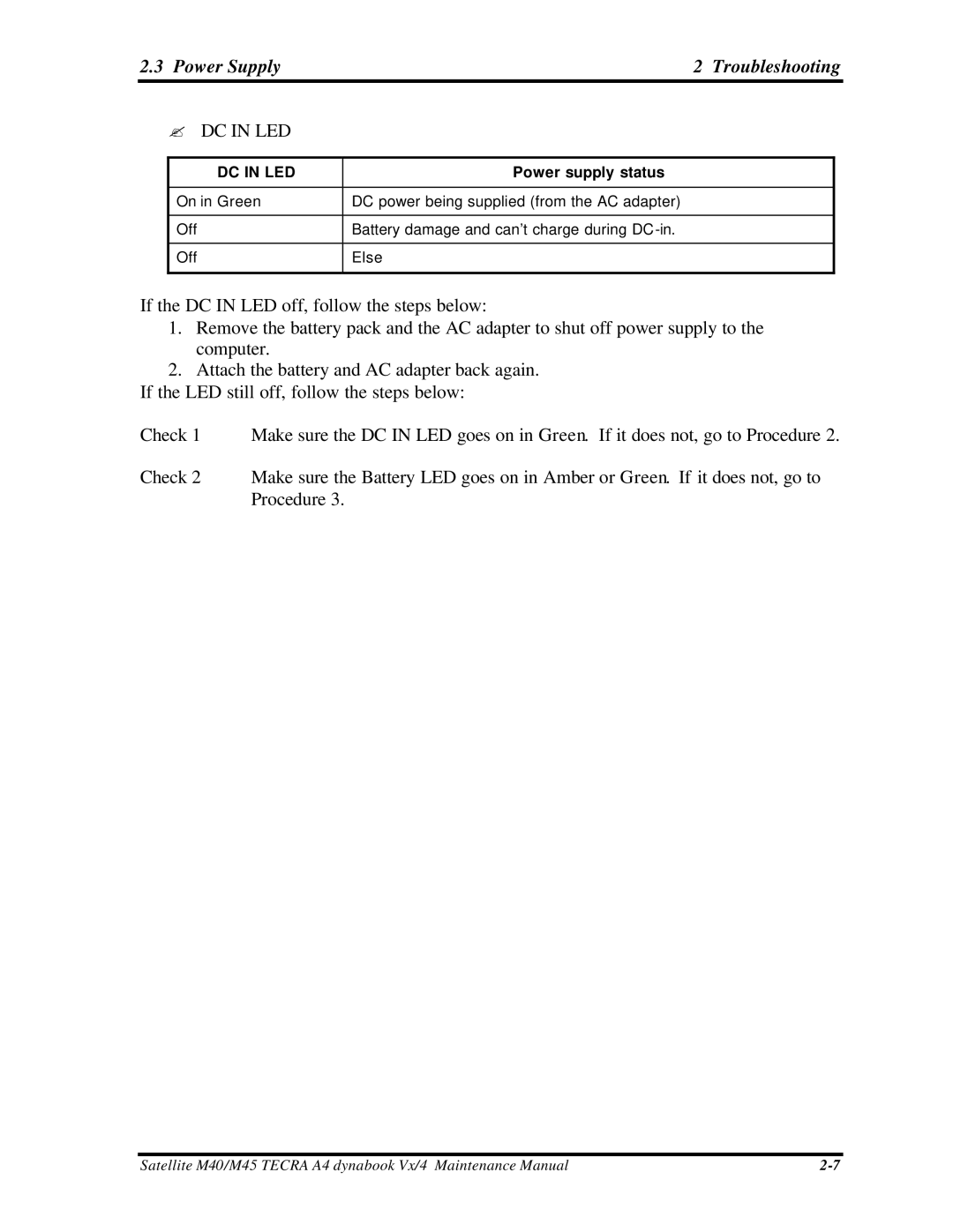 Toshiba M40, Satellite manual Power Supply Troubleshooting, DC in LED 