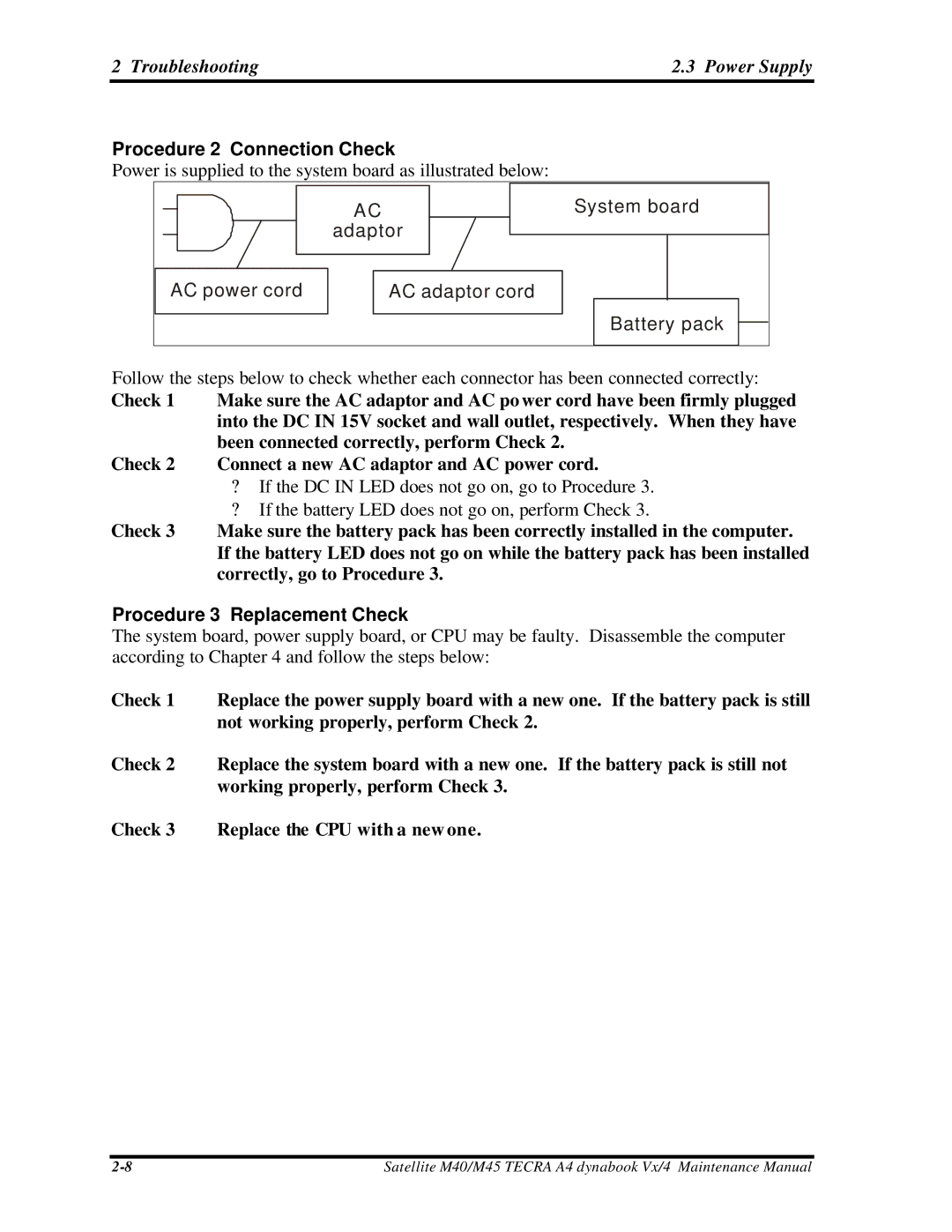 Toshiba Satellite, M40 manual Procedure 2 Connection Check, Procedure 3 Replacement Check 