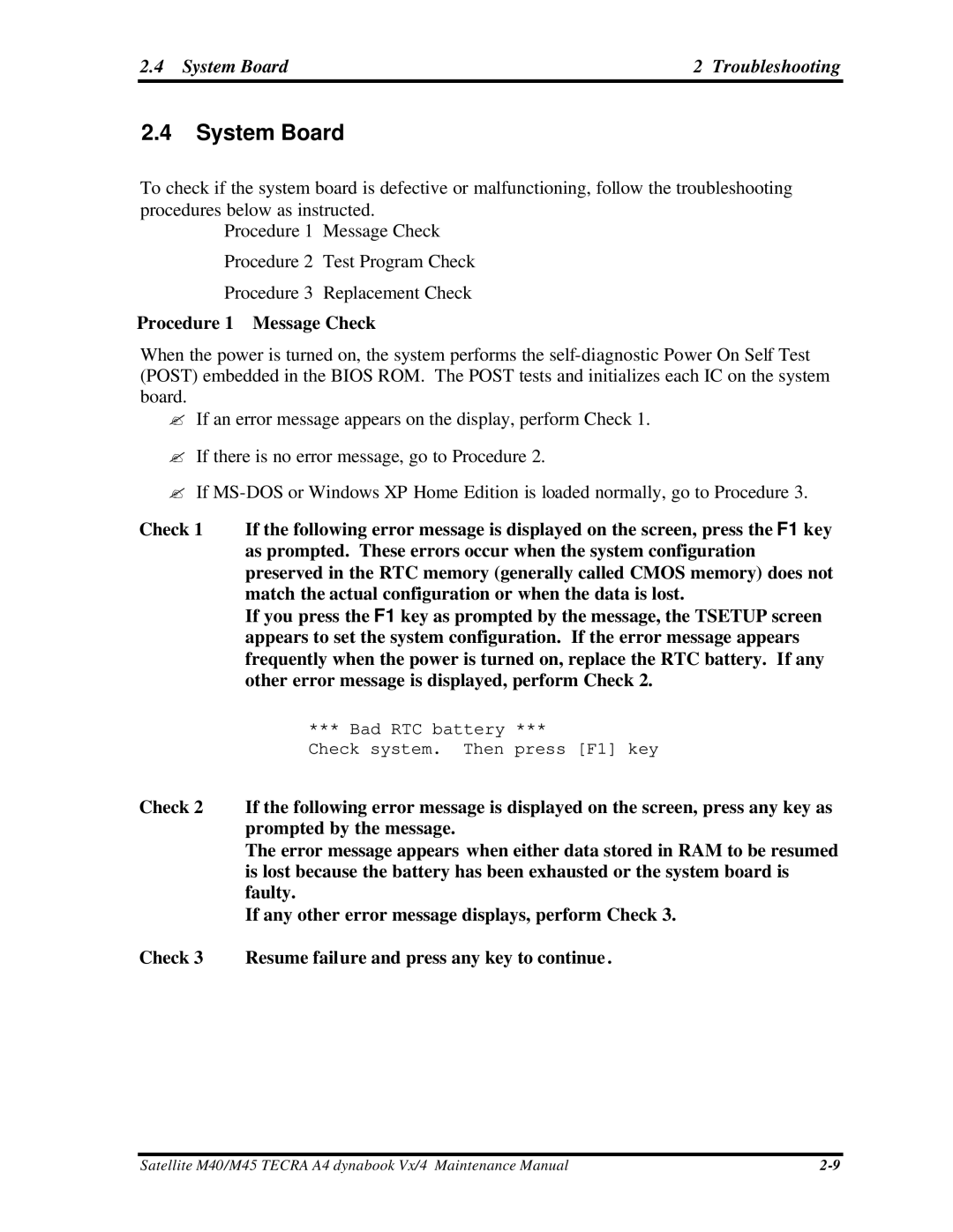 Toshiba M40, Satellite manual System Board Troubleshooting, Procedure 1 Message Check 