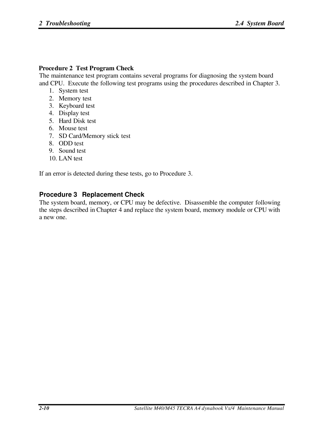 Toshiba Satellite, M40 manual Troubleshooting System Board, Procedure 2 Test Program Check 