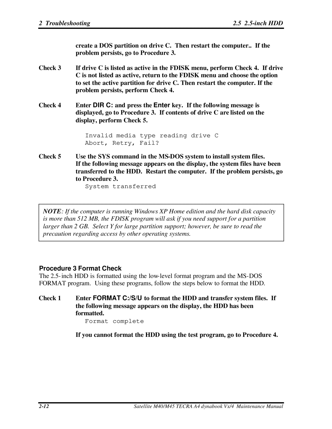 Toshiba Satellite, M40 manual Troubleshooting 2.5-inch HDD, Procedure 3 Format Check 