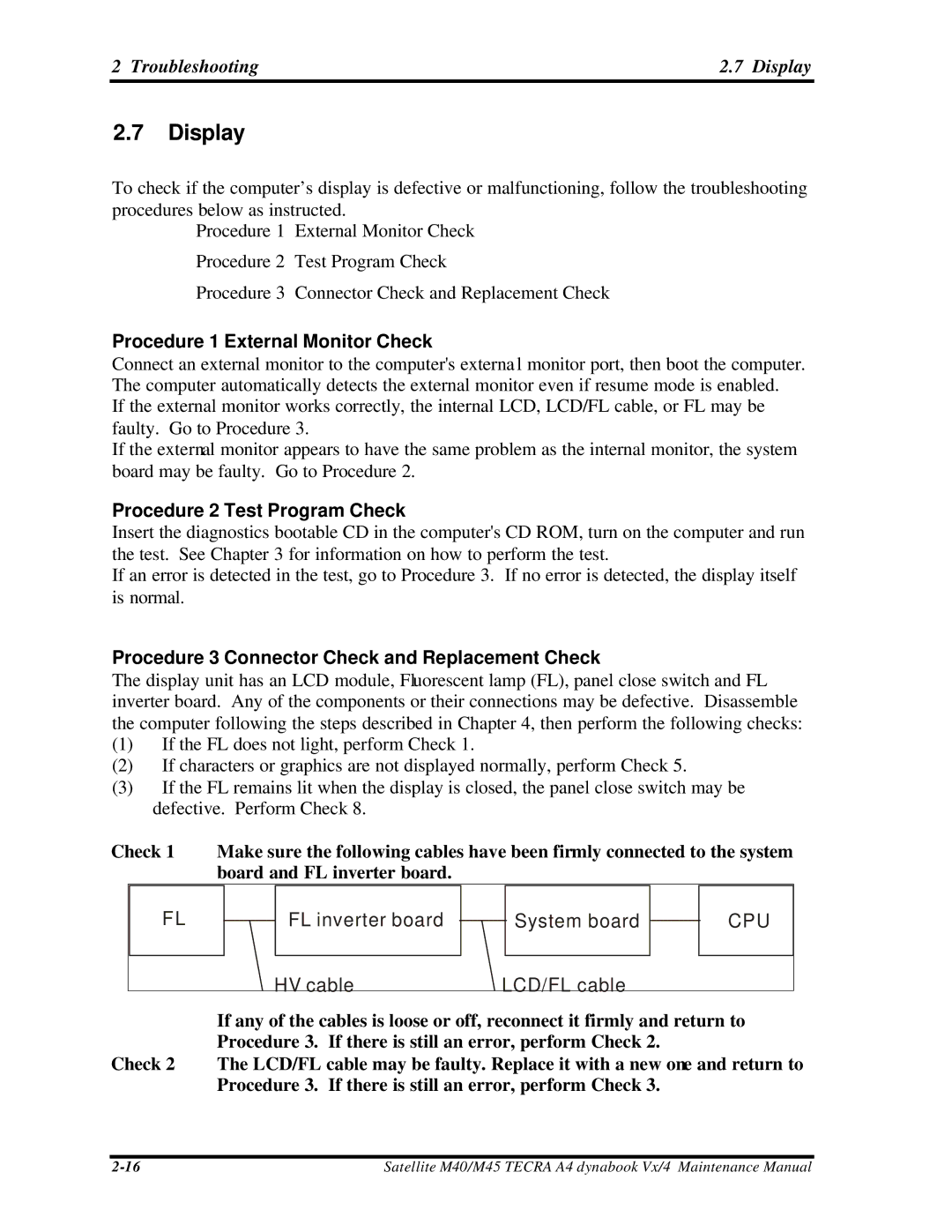 Toshiba Satellite, M40 Troubleshooting Display, Procedure 1 External Monitor Check, Procedure 2 Test Program Check 