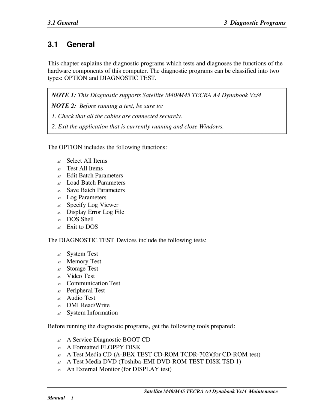 Toshiba Satellite, M40 manual General Diagnostic Programs 