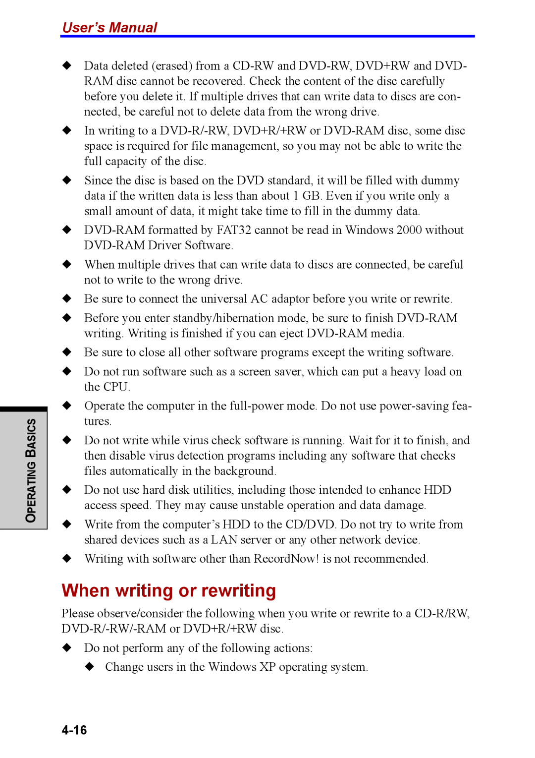 Toshiba M40 user manual When writing or rewriting 