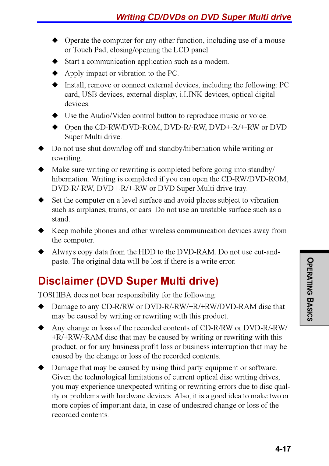 Toshiba M40 user manual Disclaimer DVD Super Multi drive, Writing CD/DVDs on DVD Super Multi drive 