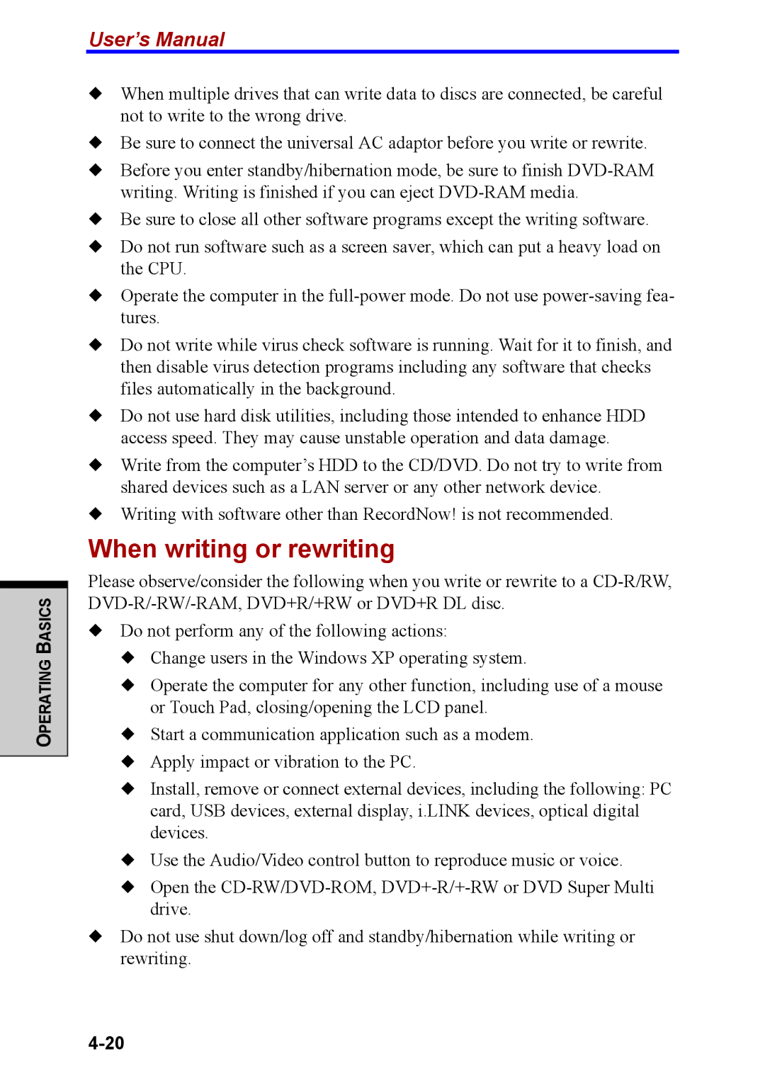 Toshiba M40 user manual When writing or rewriting 