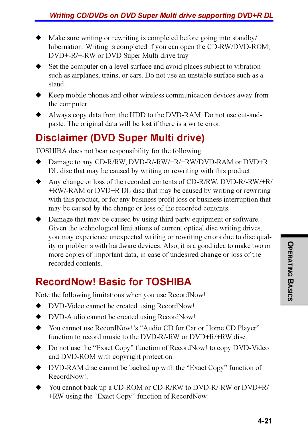 Toshiba M40 user manual Disclaimer DVD Super Multi drive, RecordNow! Basic for Toshiba 