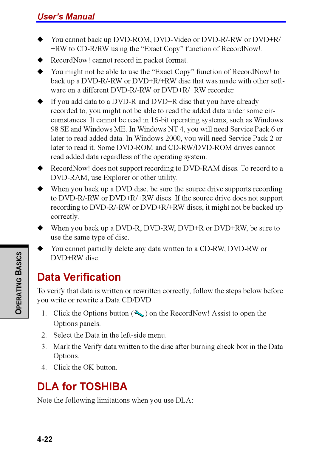 Toshiba M40 user manual Data Verification, DLA for Toshiba 