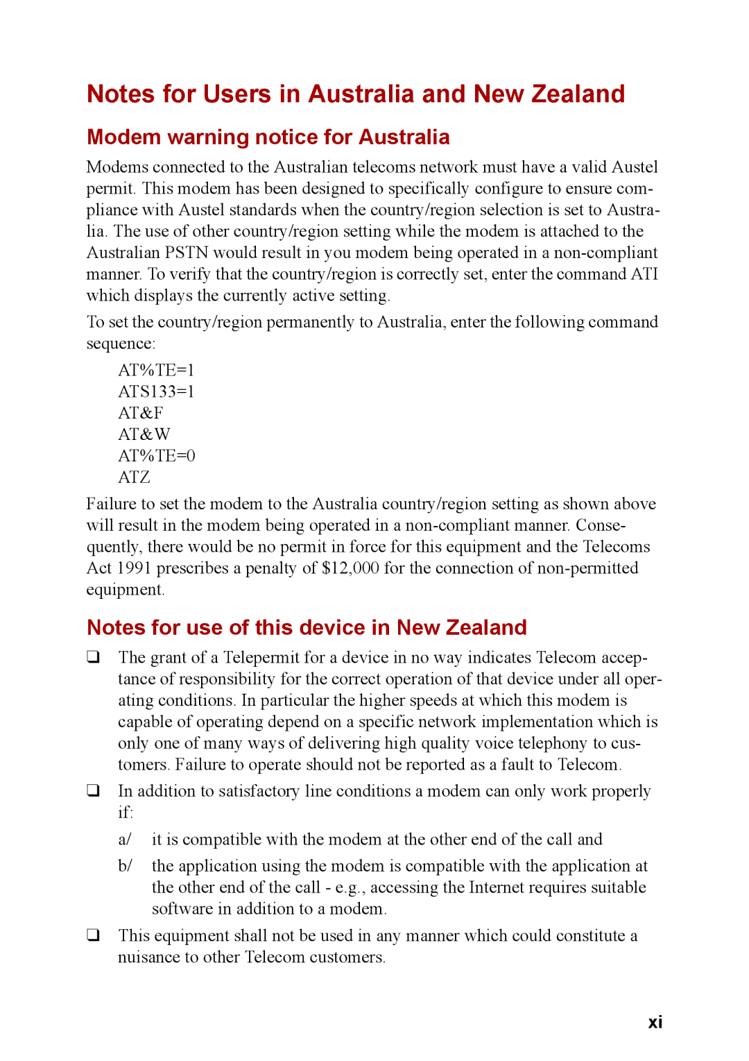 Toshiba M40 user manual Modem warning notice for Australia, AT&F AT&W AT%TE=0 ATZ 