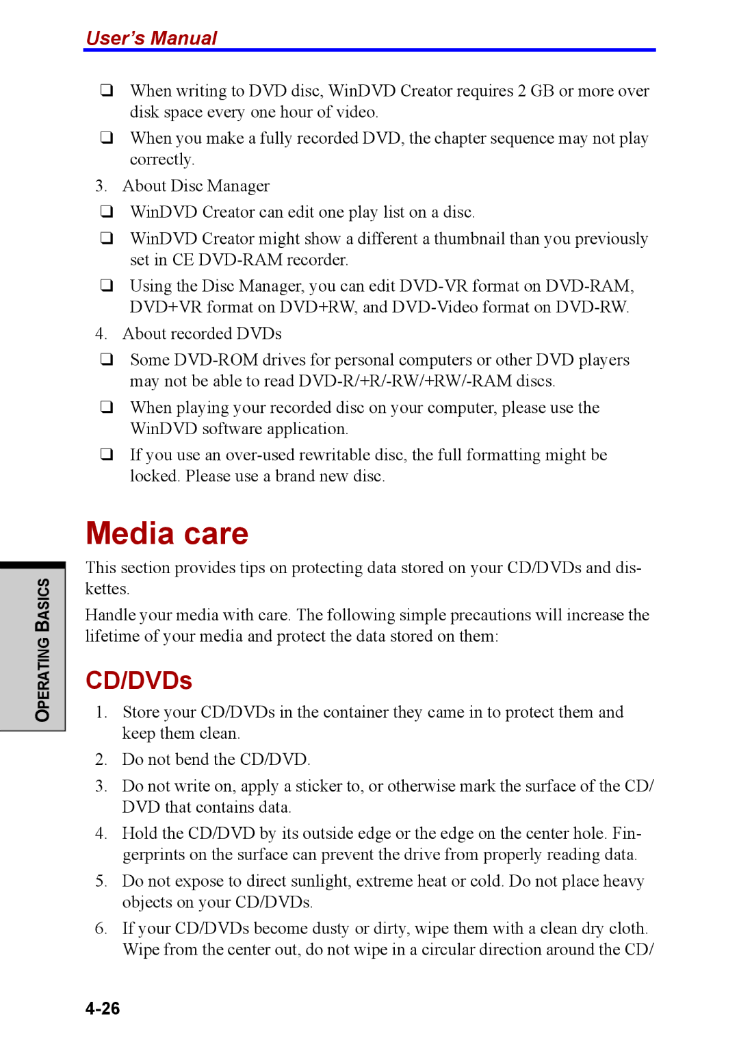 Toshiba M40 user manual Media care, CD/DVDs 