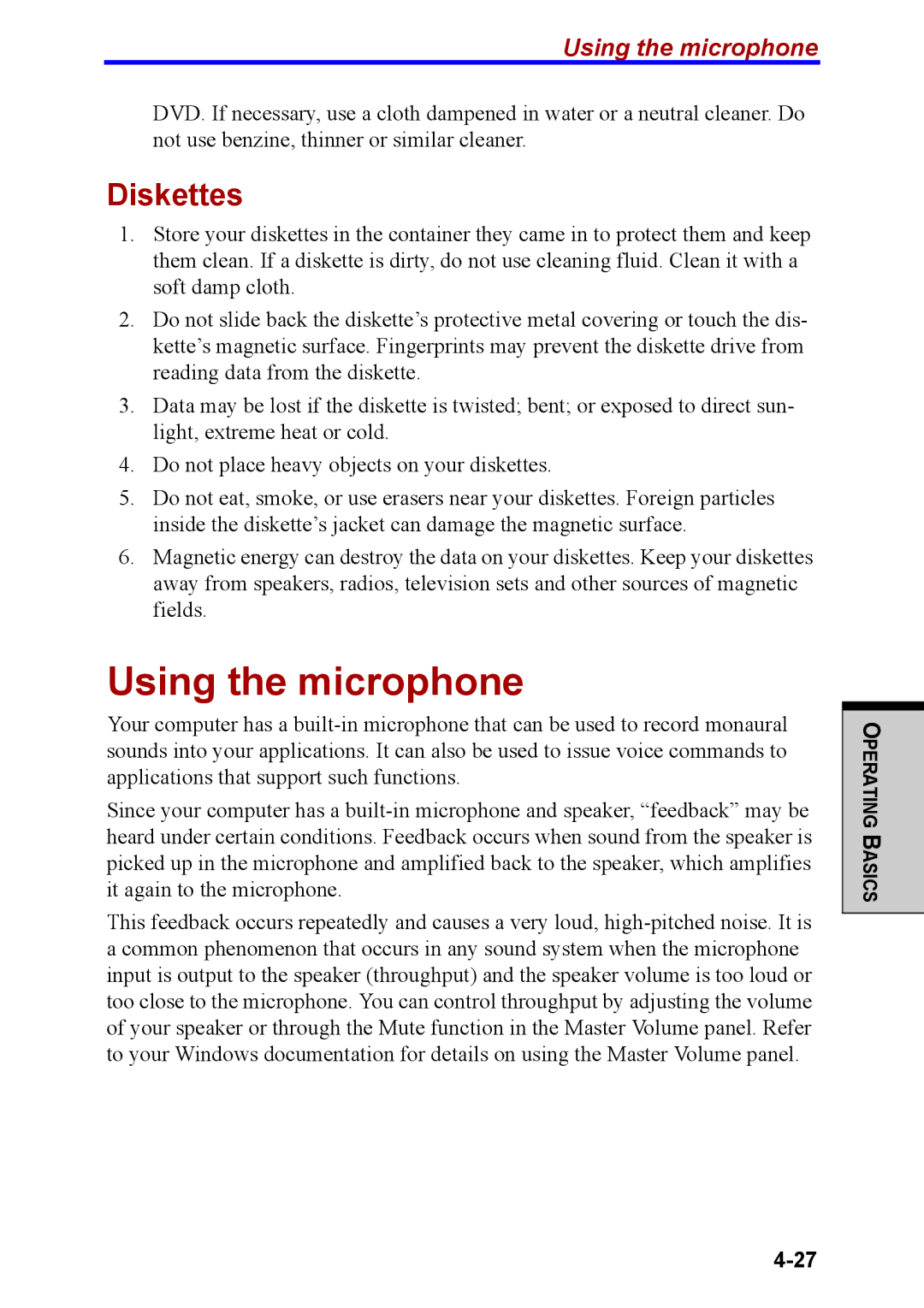 Toshiba M40 user manual Using the microphone, Diskettes 