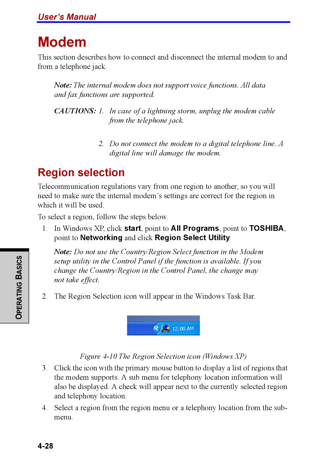 Toshiba M40 user manual Modem, Region selection 