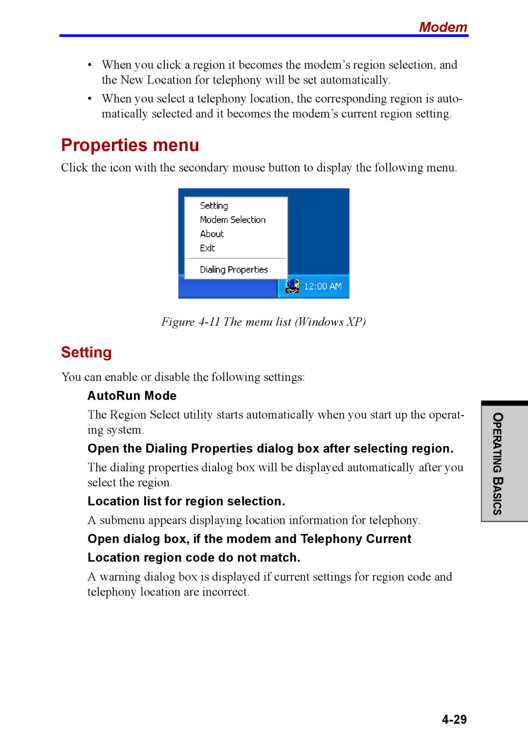 Toshiba M40 user manual Properties menu, Setting, Modem, AutoRun Mode, Location list for region selection 