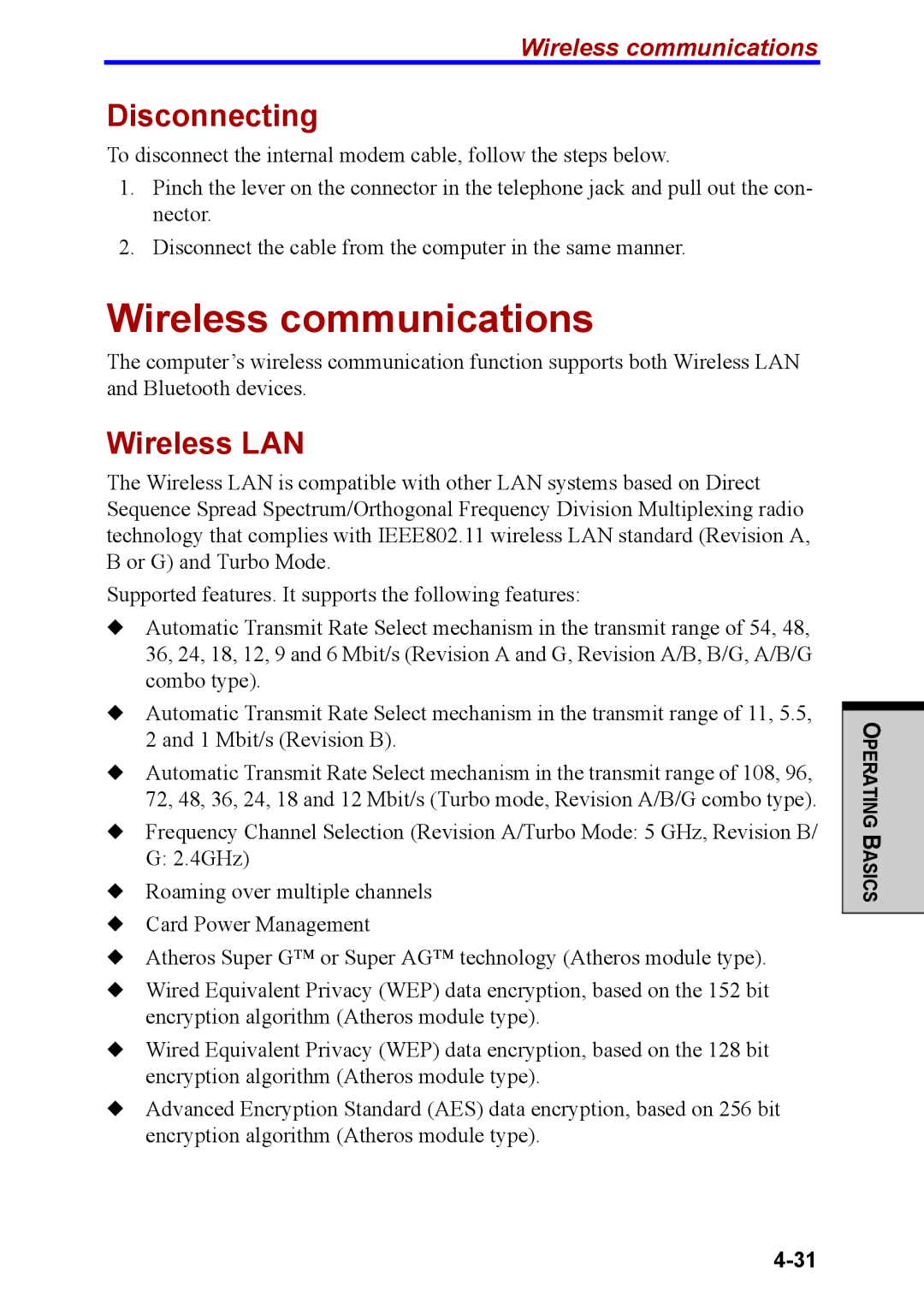 Toshiba M40 user manual Wireless communications, Disconnecting, Wireless LAN 