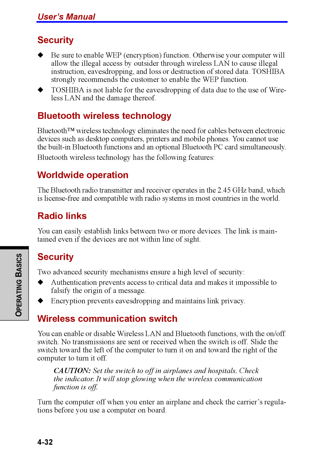 Toshiba M40 user manual Bluetooth wireless technology, Worldwide operation, Radio links, Wireless communication switch 