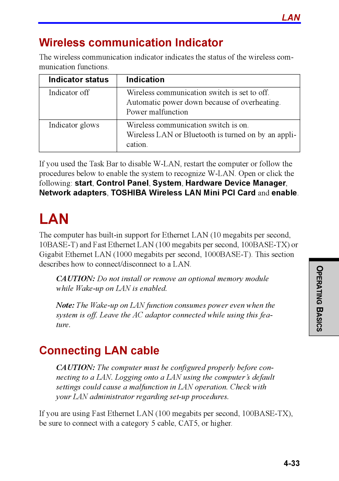 Toshiba M40 user manual Wireless communication Indicator, Connecting LAN cable, Indicator status Indication 