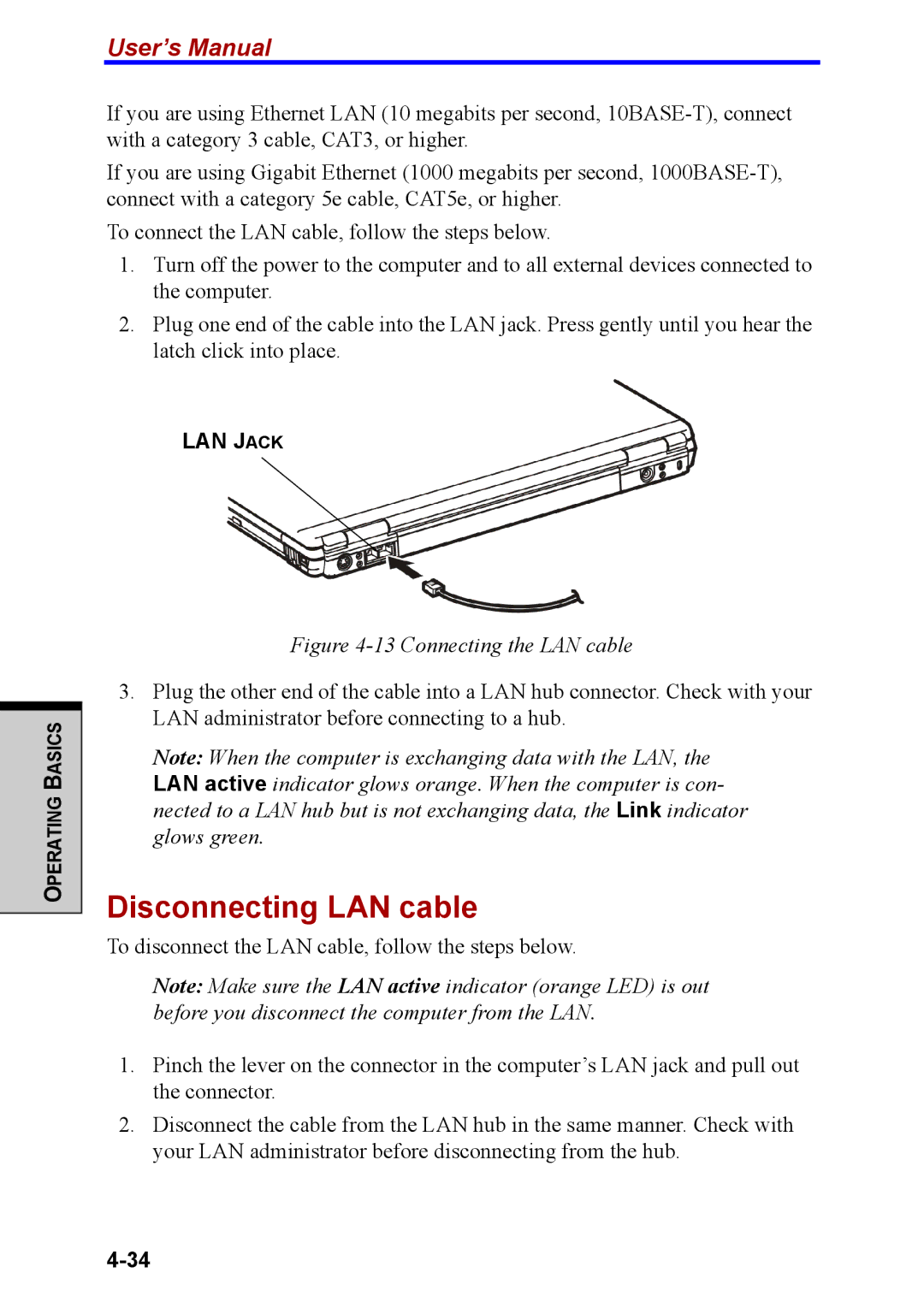 Toshiba M40 user manual Disconnecting LAN cable, LAN Jack 