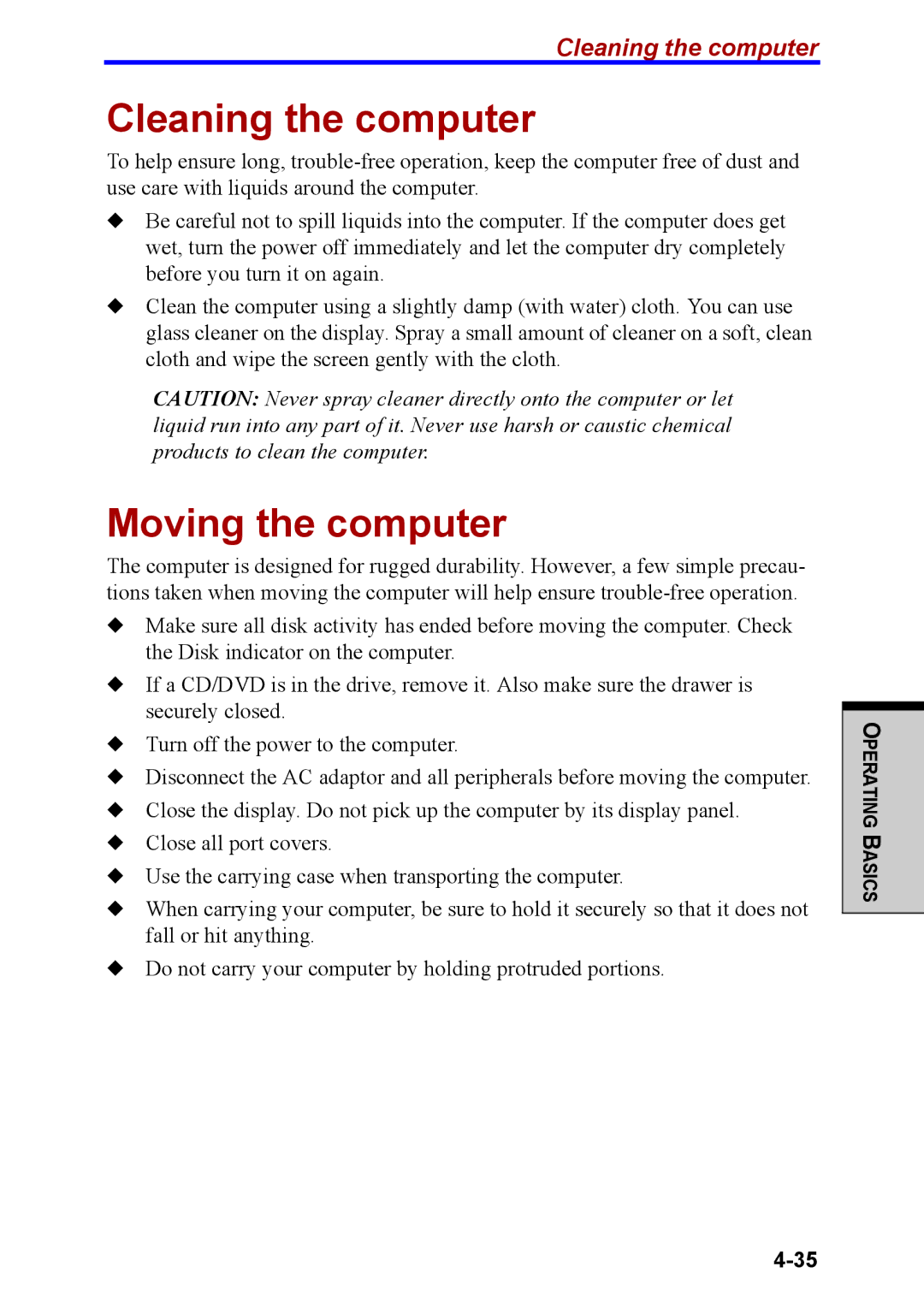 Toshiba M40 user manual Cleaning the computer, Moving the computer 