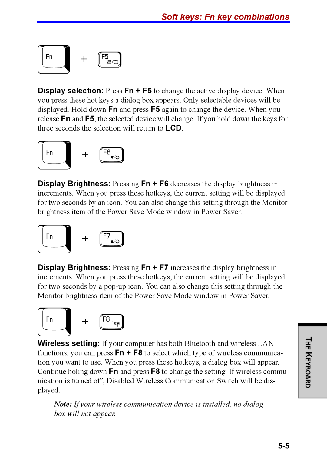 Toshiba M40 user manual Soft keys Fn key combinations 