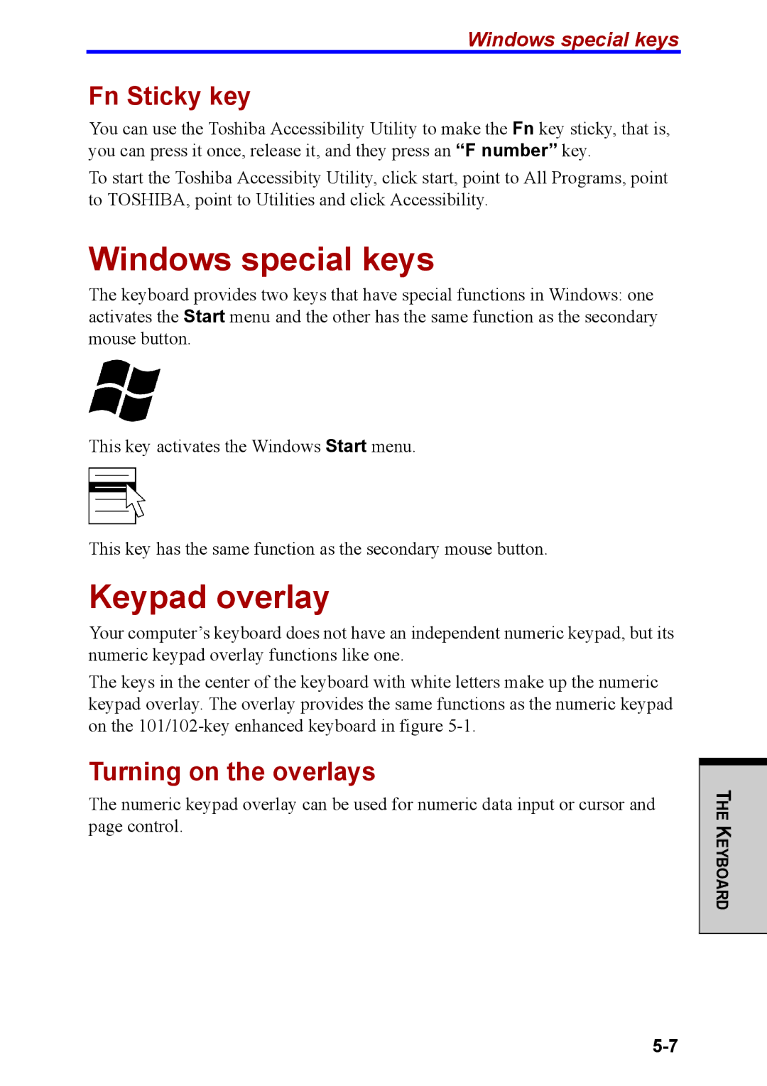 Toshiba M40 user manual Windows special keys, Keypad overlay, Fn Sticky key, Turning on the overlays 