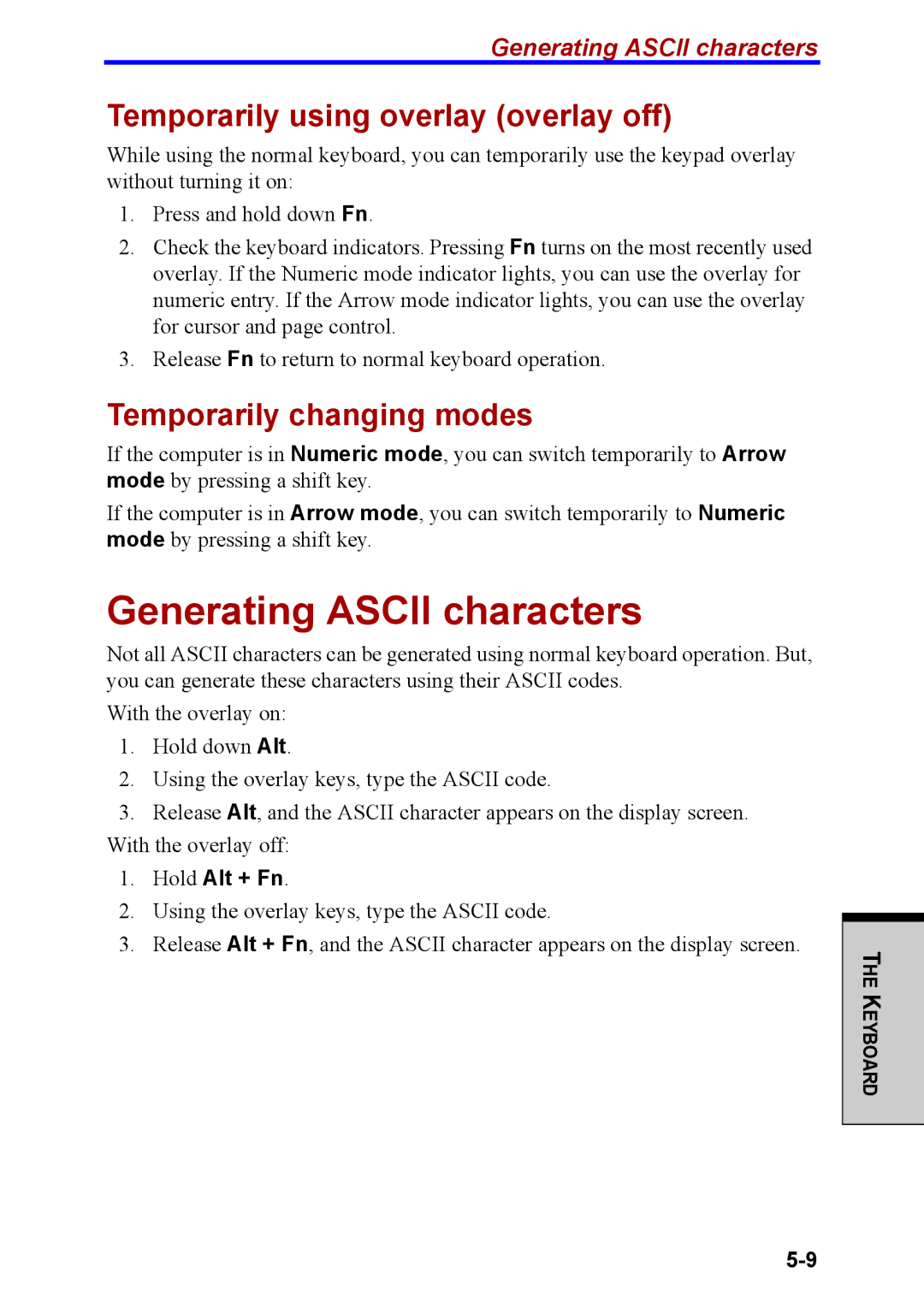 Toshiba M40 Generating Ascii characters, Temporarily using overlay overlay off, Temporarily changing modes, Hold Alt + Fn 