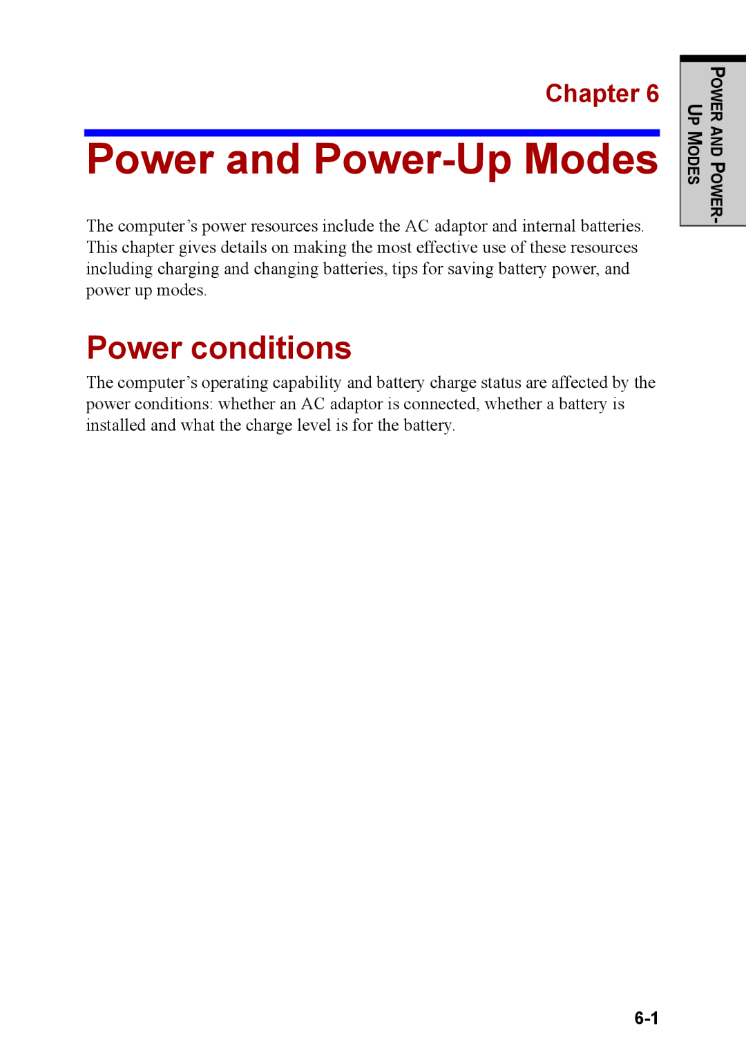 Toshiba M40 user manual Power and Power-Up Modes, Power conditions 