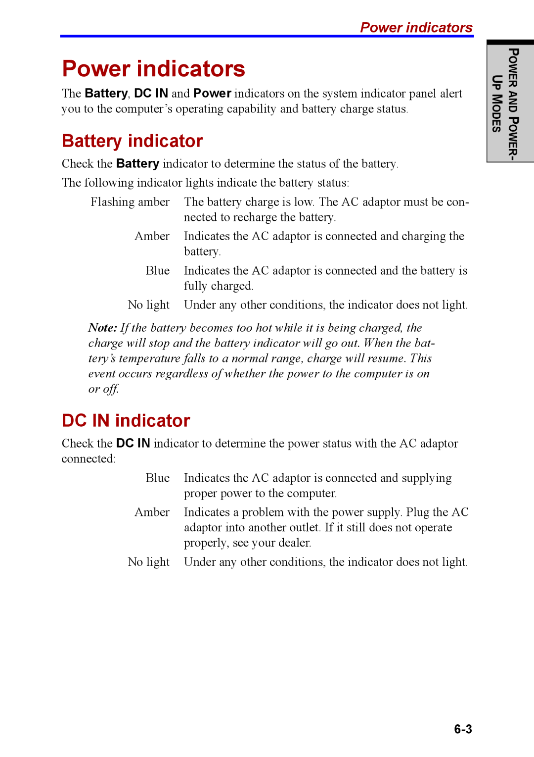 Toshiba M40 user manual Power indicators, Battery indicator, DC in indicator 