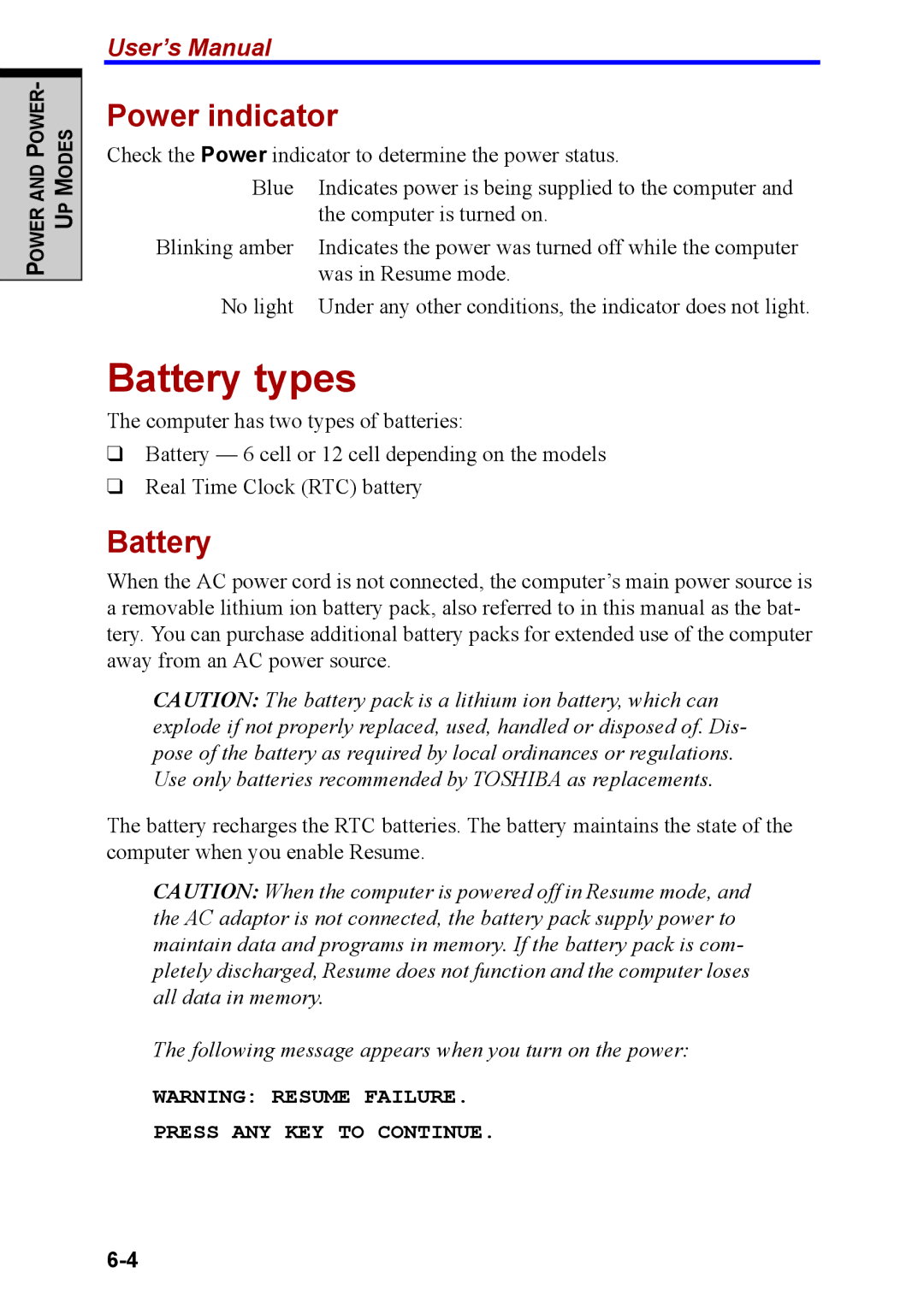 Toshiba M40 user manual Battery types, Power indicator 