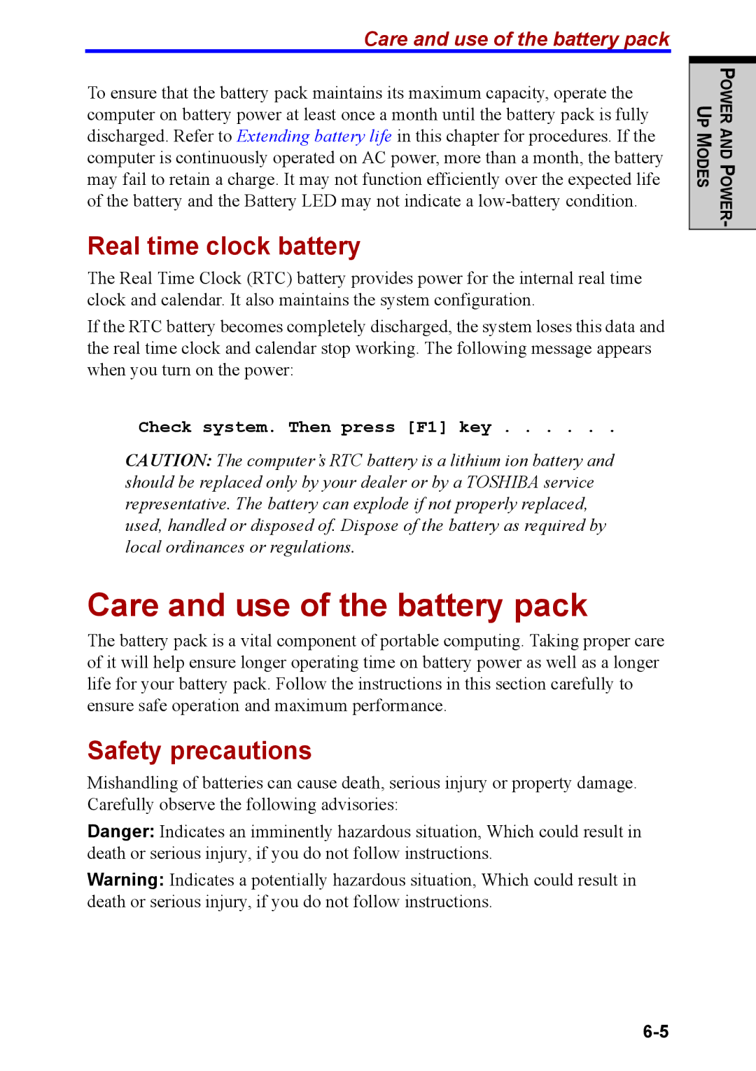 Toshiba M40 user manual Care and use of the battery pack, Real time clock battery, Safety precautions 