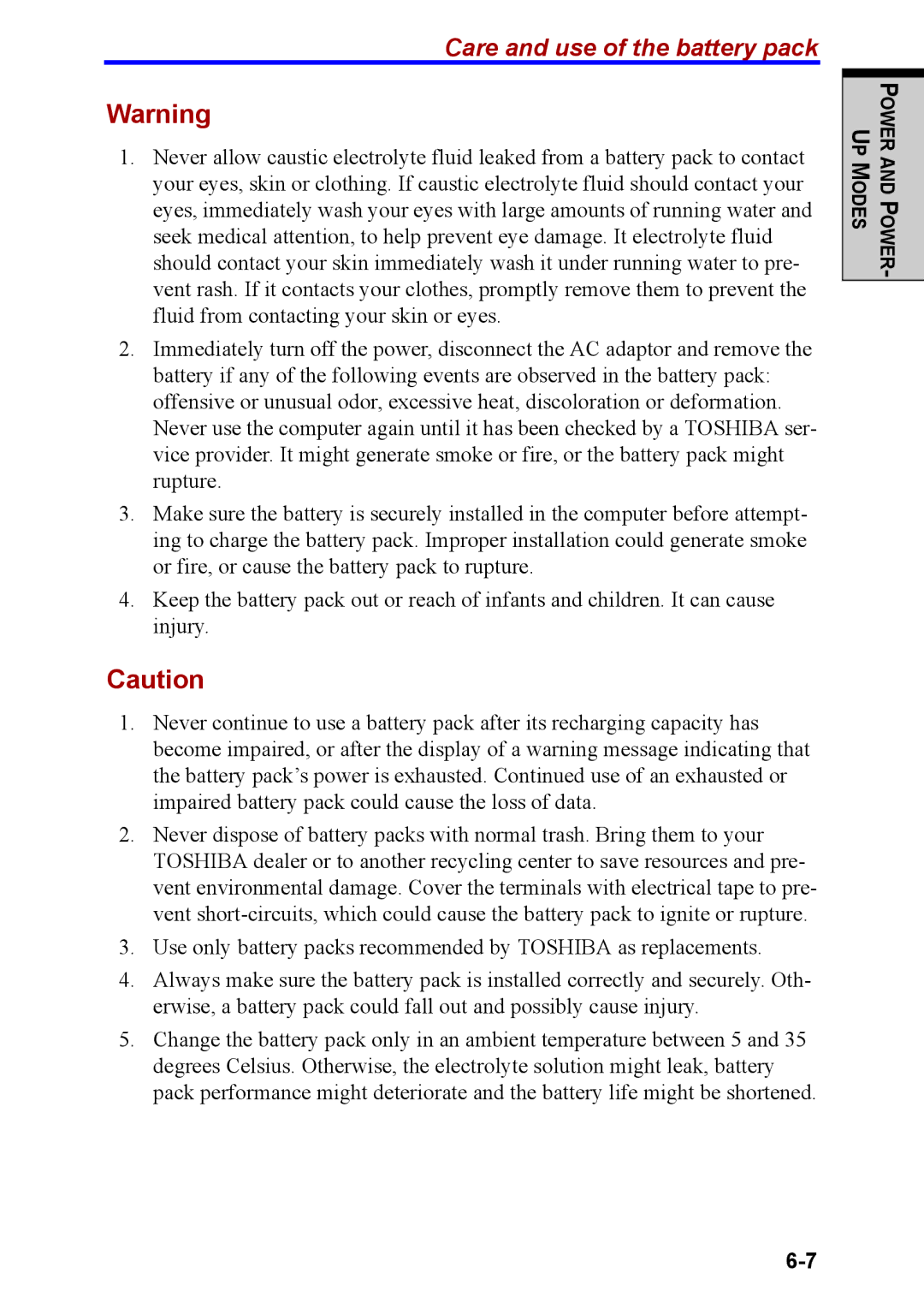 Toshiba M40 user manual Care and use of the battery pack 