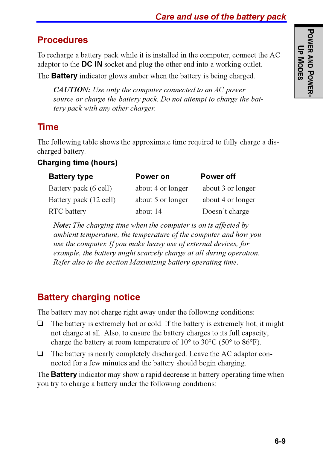 Toshiba M40 user manual Procedures, Time, Battery charging notice, Charging time hours Battery type Power on Power off 