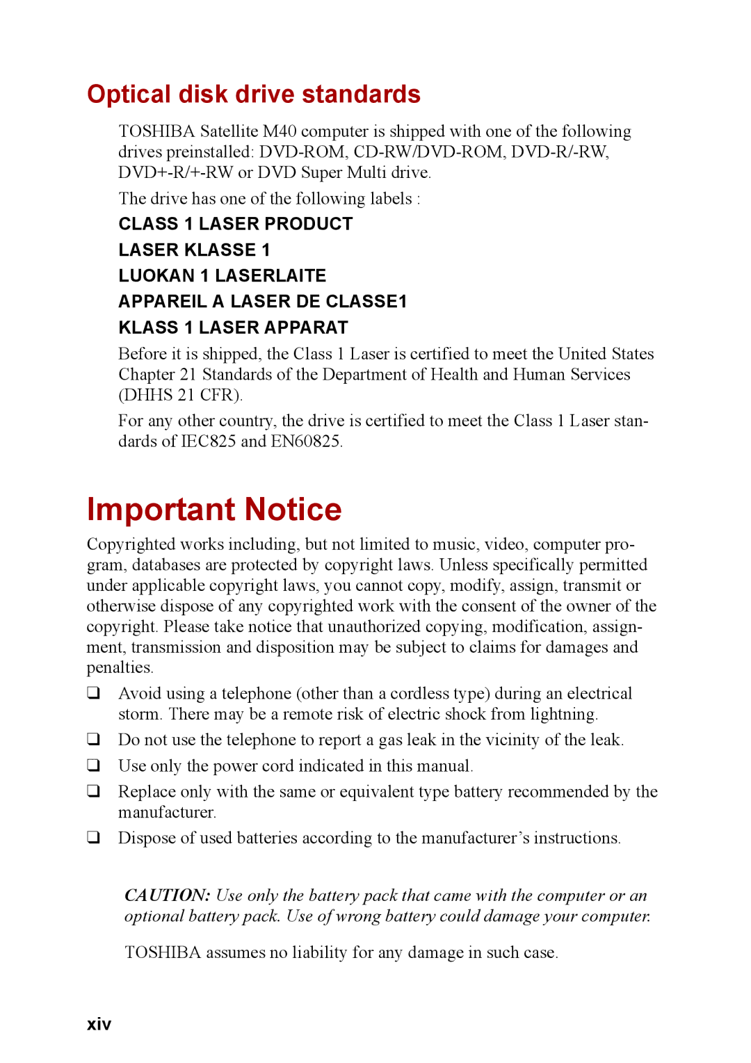 Toshiba M40 user manual Important Notice, Optical disk drive standards, Xiv 