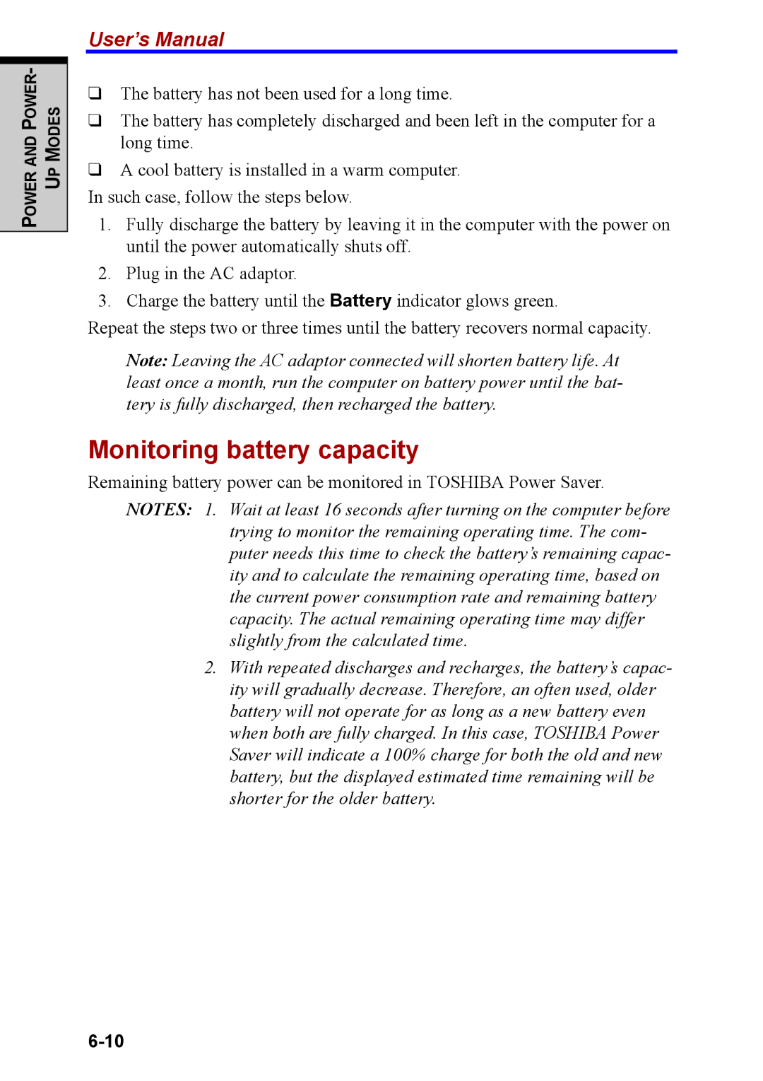 Toshiba M40 user manual Monitoring battery capacity 